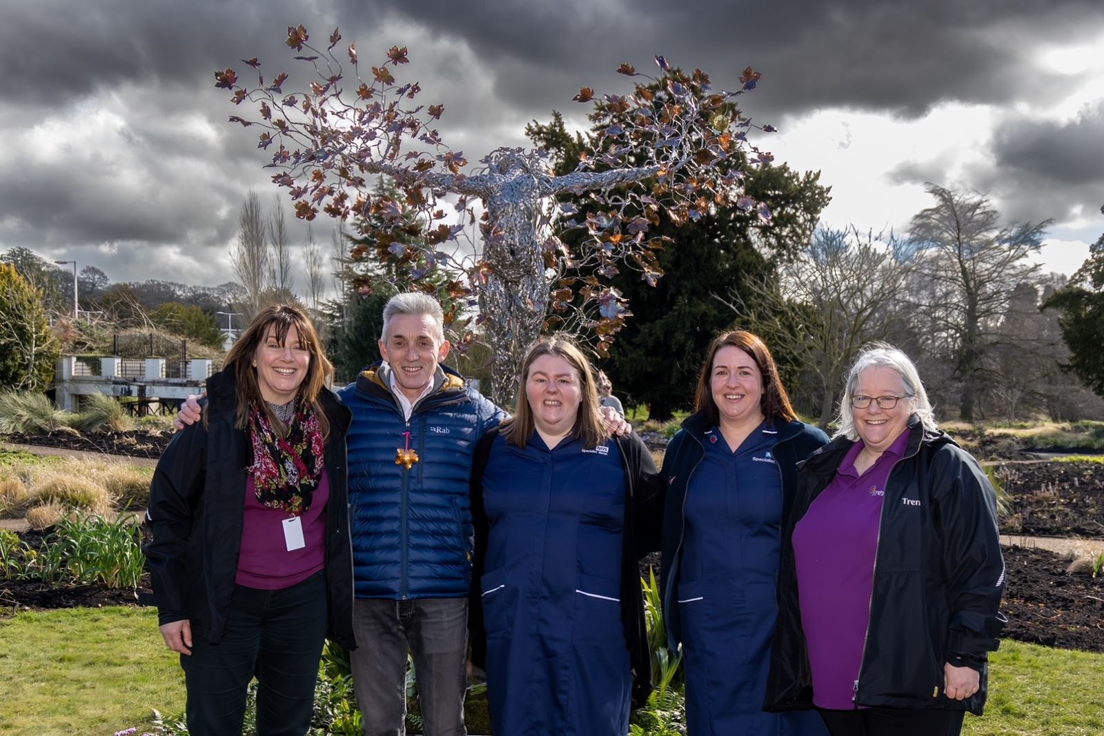 Unveiling of Beyond Ithaka - L-R Lorraine Elliott Marketing Manager at Trentham, Artist Robin Wight, Specialist Nurse Kirsty Lazenby, Specialist Nurse Becci Journet, Carol Adams Head of Horticulture and Biodiversity at Trentham